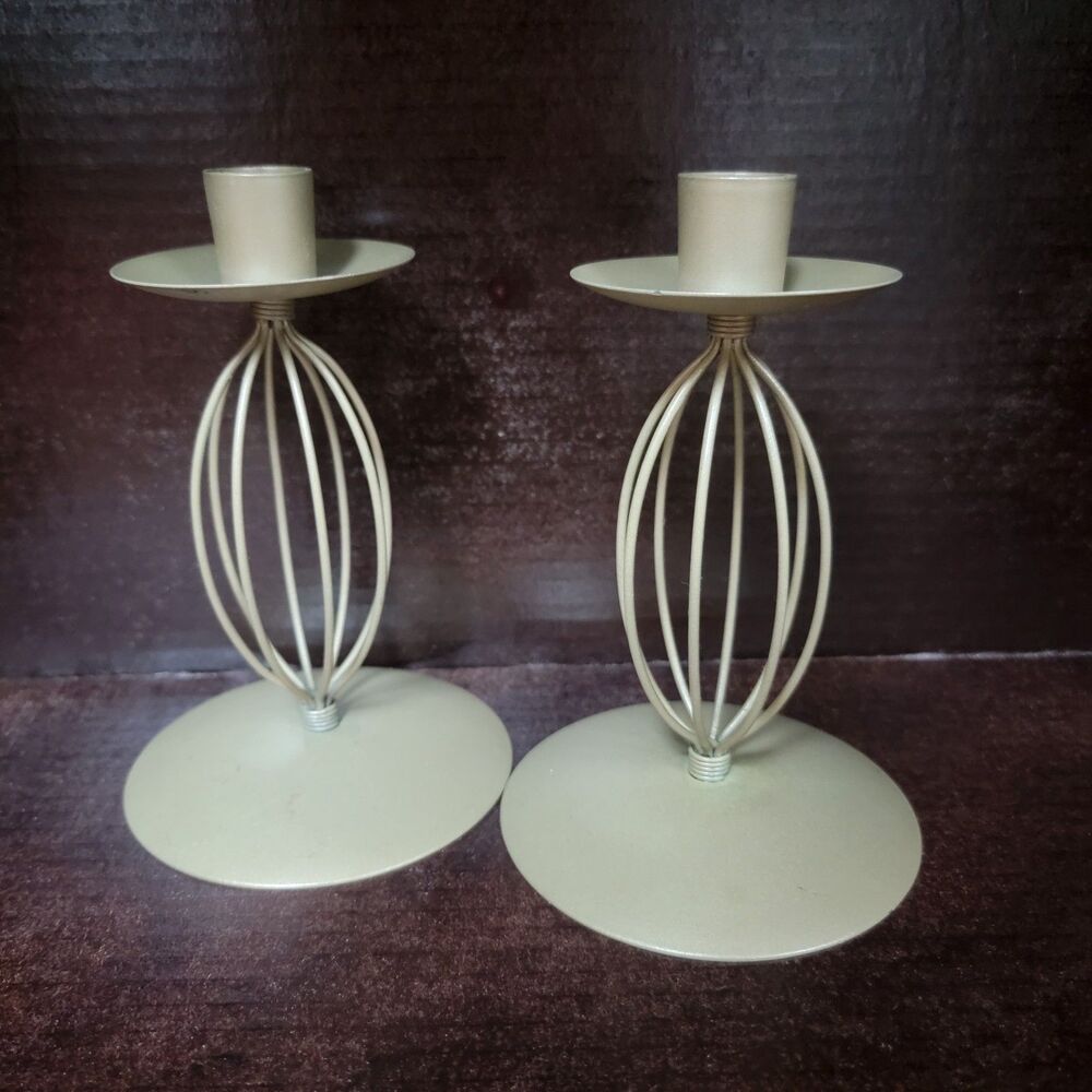Vintage Light Gold Champagne Metal Wire Candlestick Holders Pair 6" Very Good
